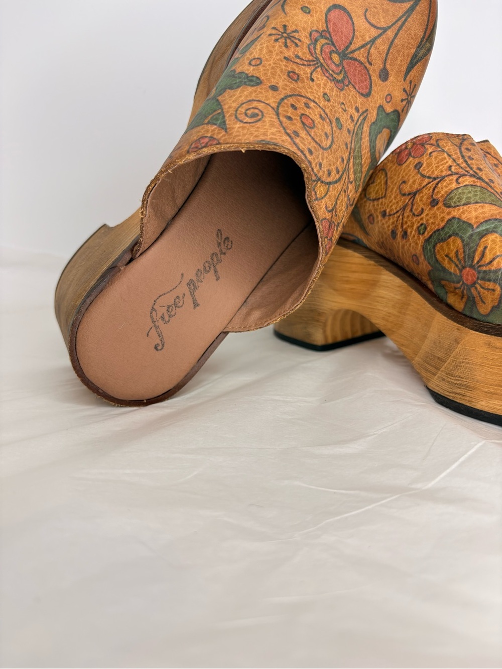 Free People Tan Floral Leather Platform Clogs with Green Accents - Picture 2 of 14